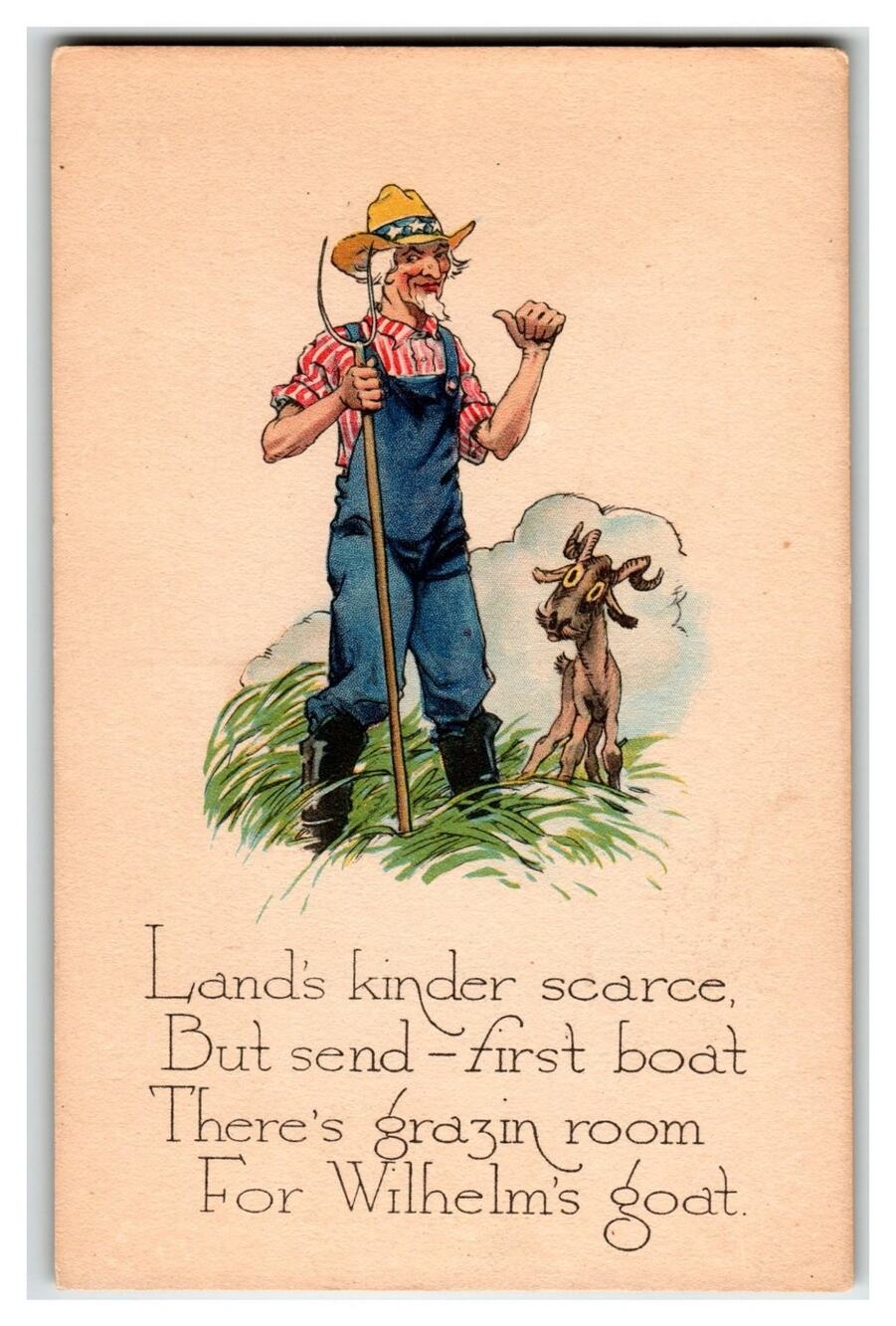 WWI Uncle Sam In Overalls & Pitchfork Postcard - Farmer & Wilhelm's Goat